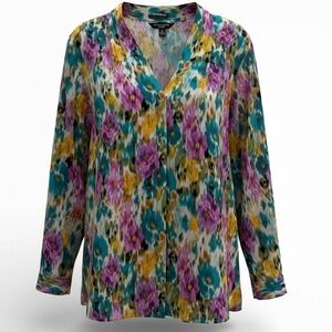 NWT Investments Woman Plus Multicolor Button Down Floral Sheer Shirt Blouse 2X